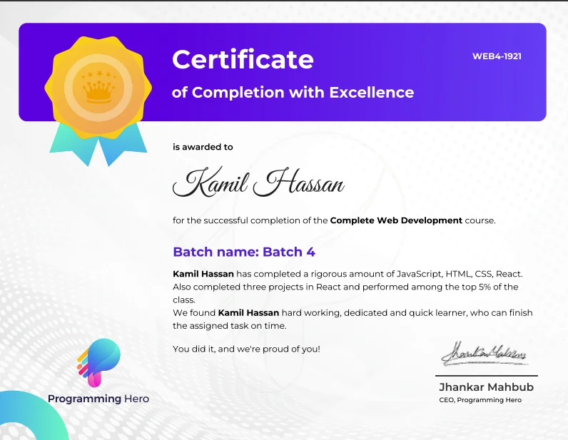 Programming Hero web development certificate
