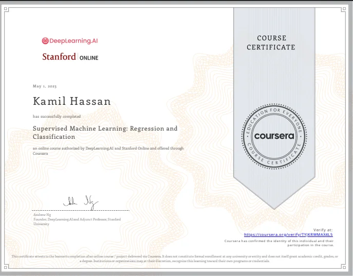 Kamil Hassan’s Supervised Machine Learning certificate