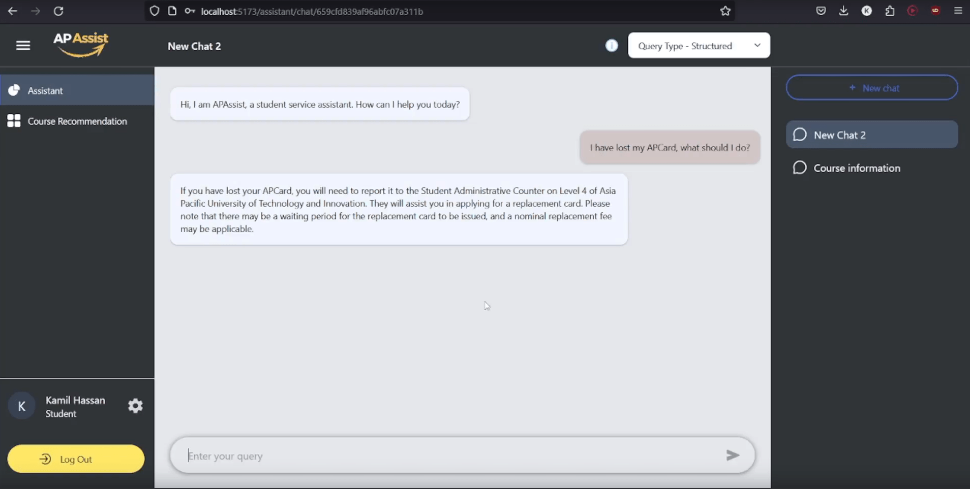 APAssist university RAG chatbot built by Kamil Hassan